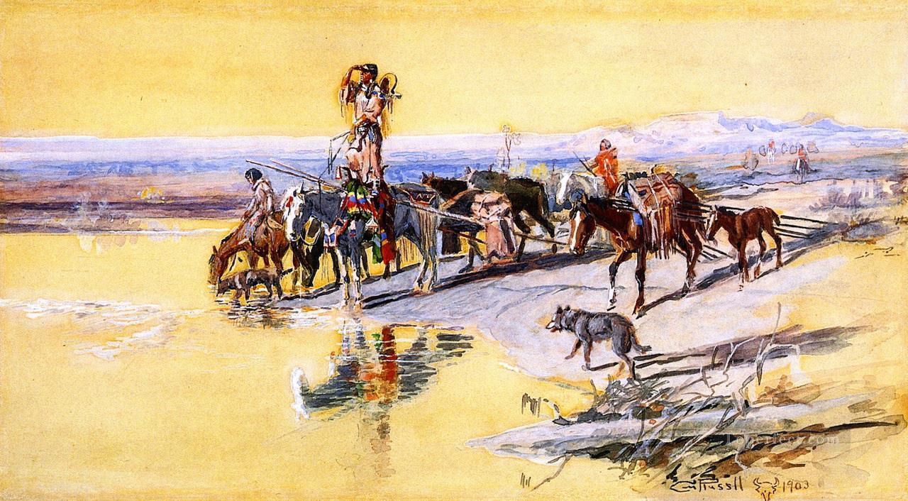 Indiens voyageant sur travois 1903 Charles Marion Russell Indiens d’Amérique Peintures à l'huile